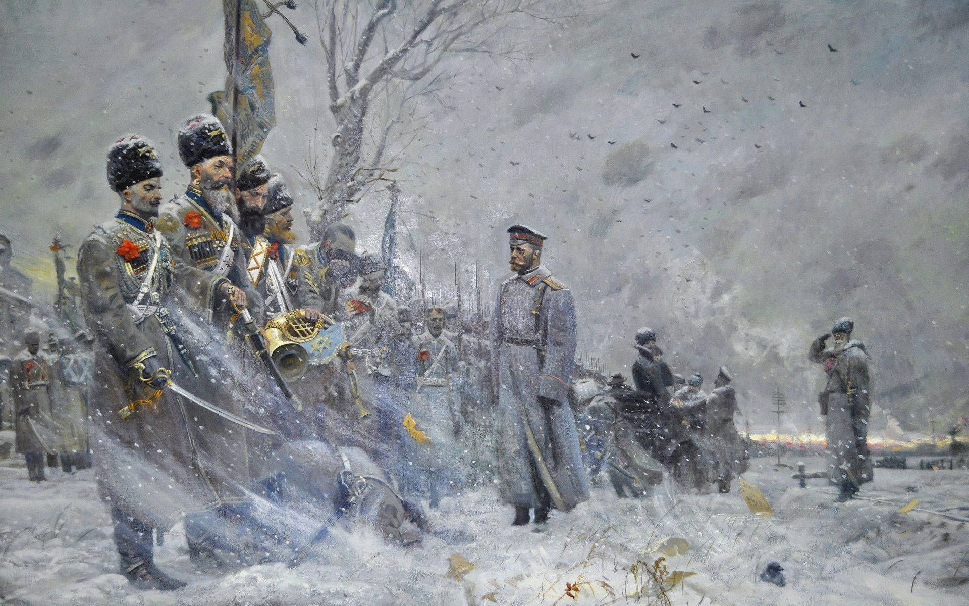 Russia 桌布 壁紙 — 穿著冬季制服的士兵在灰天下，光禿禿的樹木和遠處的煙霧中，莊嚴地站在暴風雪中。