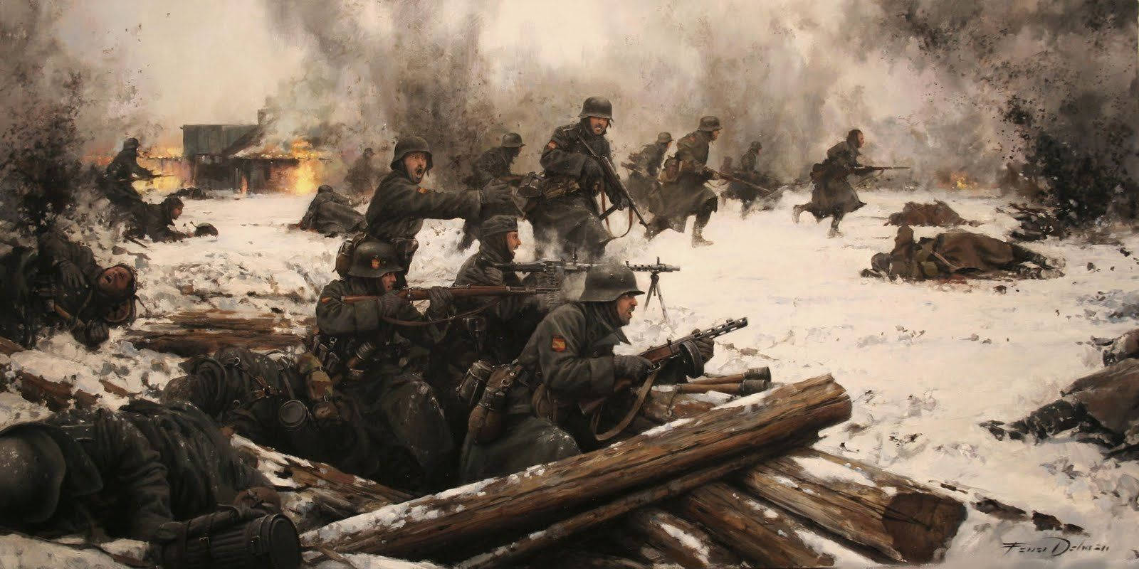 Ww2 桌布 壁紙 — 穿著冬季裝備的士兵在煙霧、火焰和倒下的戰友中穿越雪地戰場前進。