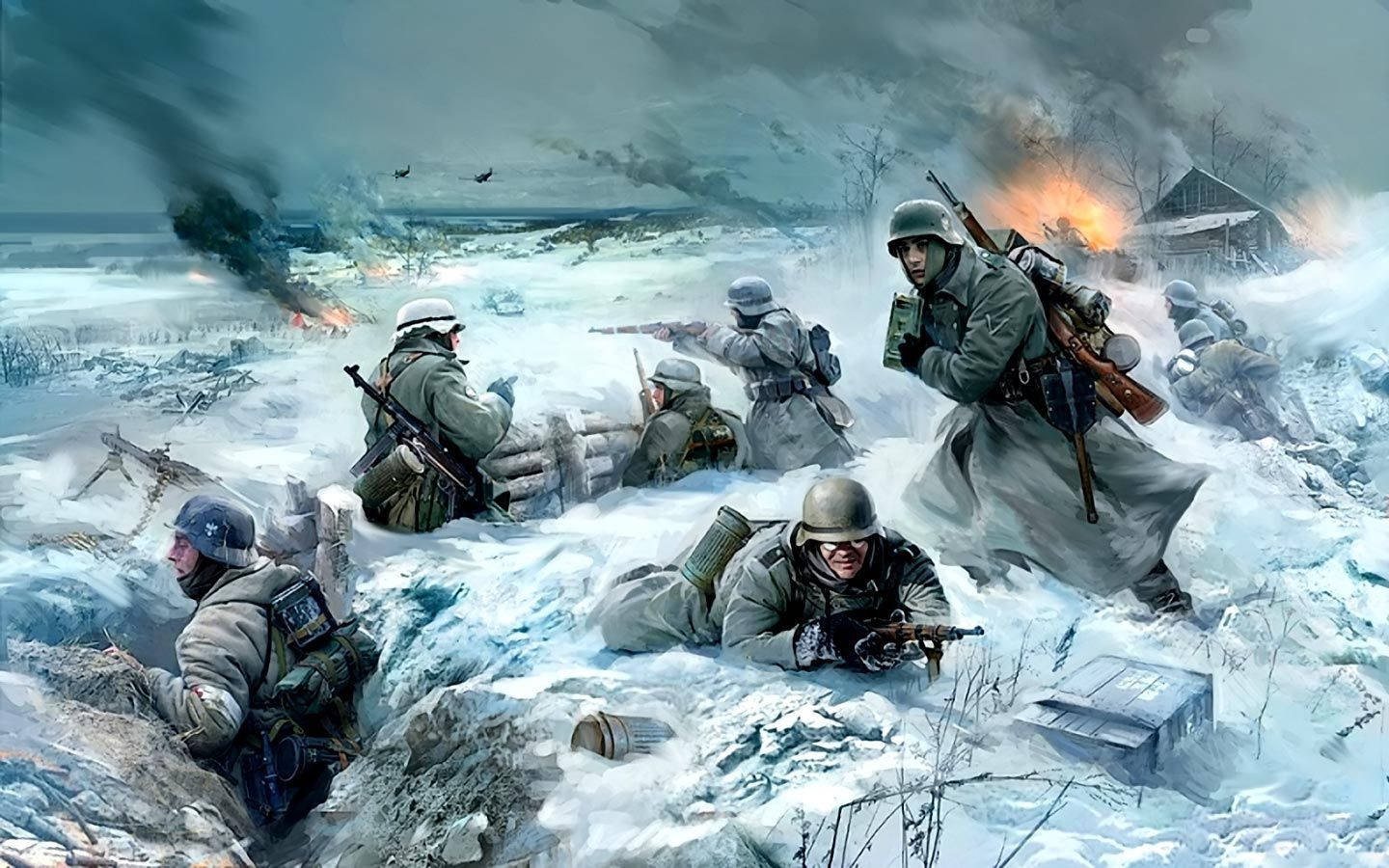 Ww2 桌布 壁紙 — 穿著冬季裝備的士兵在積雪戰壕中前進，背景中爆炸和煙霧升起。