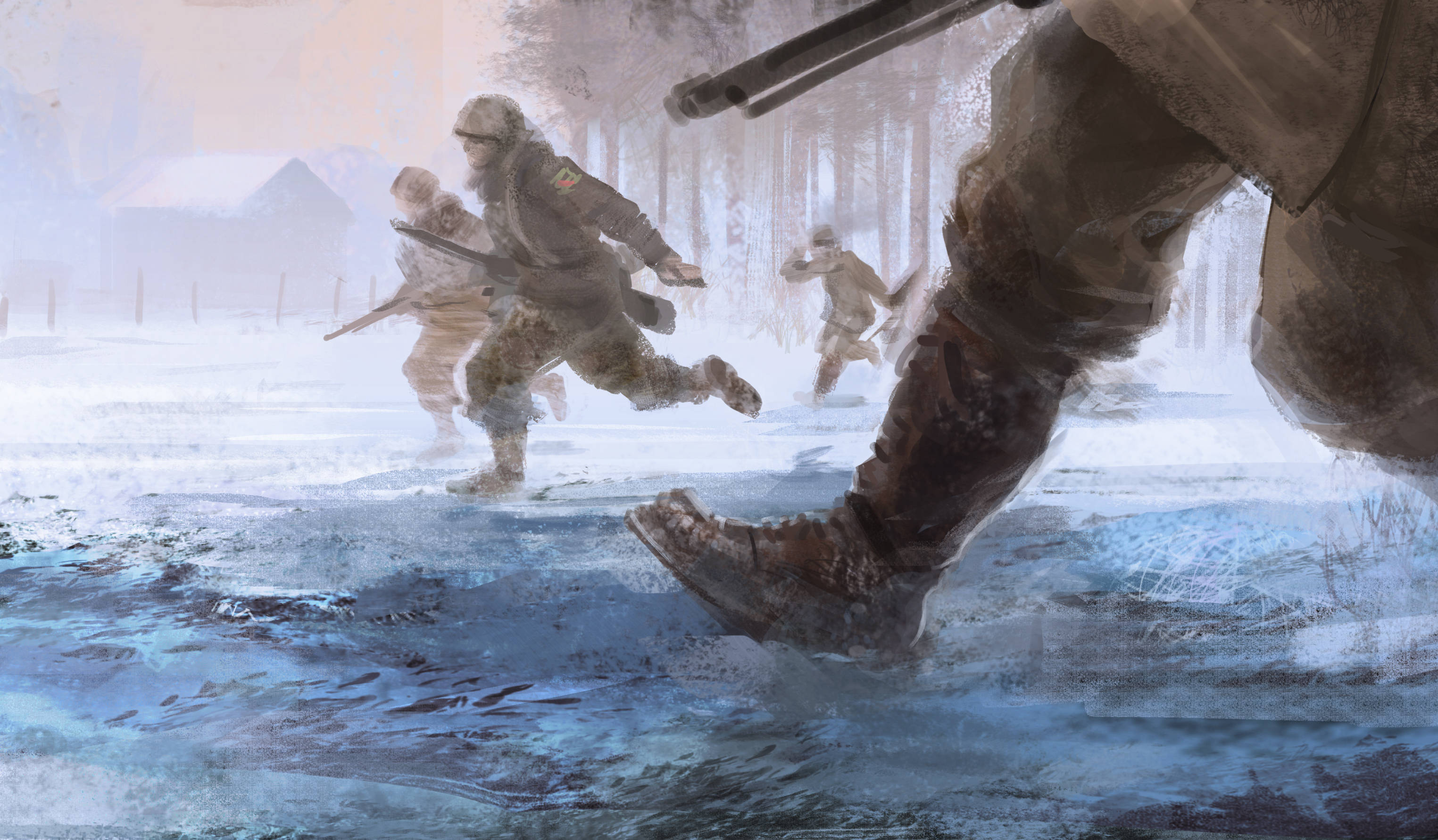 heroes 桌布 壁紙 — 穿著冬季裝備的士兵在雪地中衝刺，一隻巨大的靴子在冰冷的水中向前踏步。