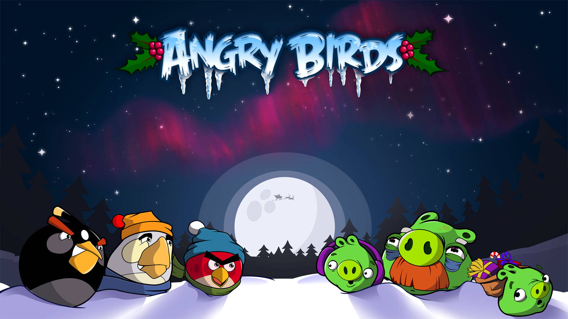 Angry 桌布 壁紙 — 穿著冬季裝備的憤怒鳥角色站在雪地中，背景是星空、極光和滿月。