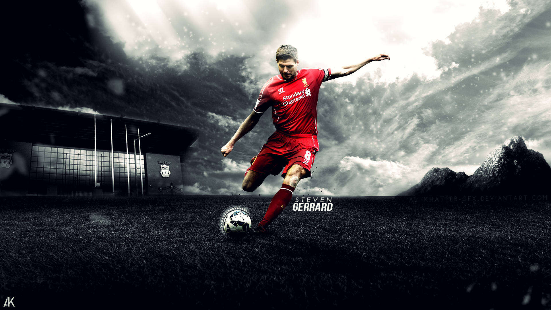 Steven Gerrard 桌布 壁紙 — 穿著利物浦紅色球衣的史蒂芬·傑拉德在球場附近戲劇性的暴風雲下踢足球。
