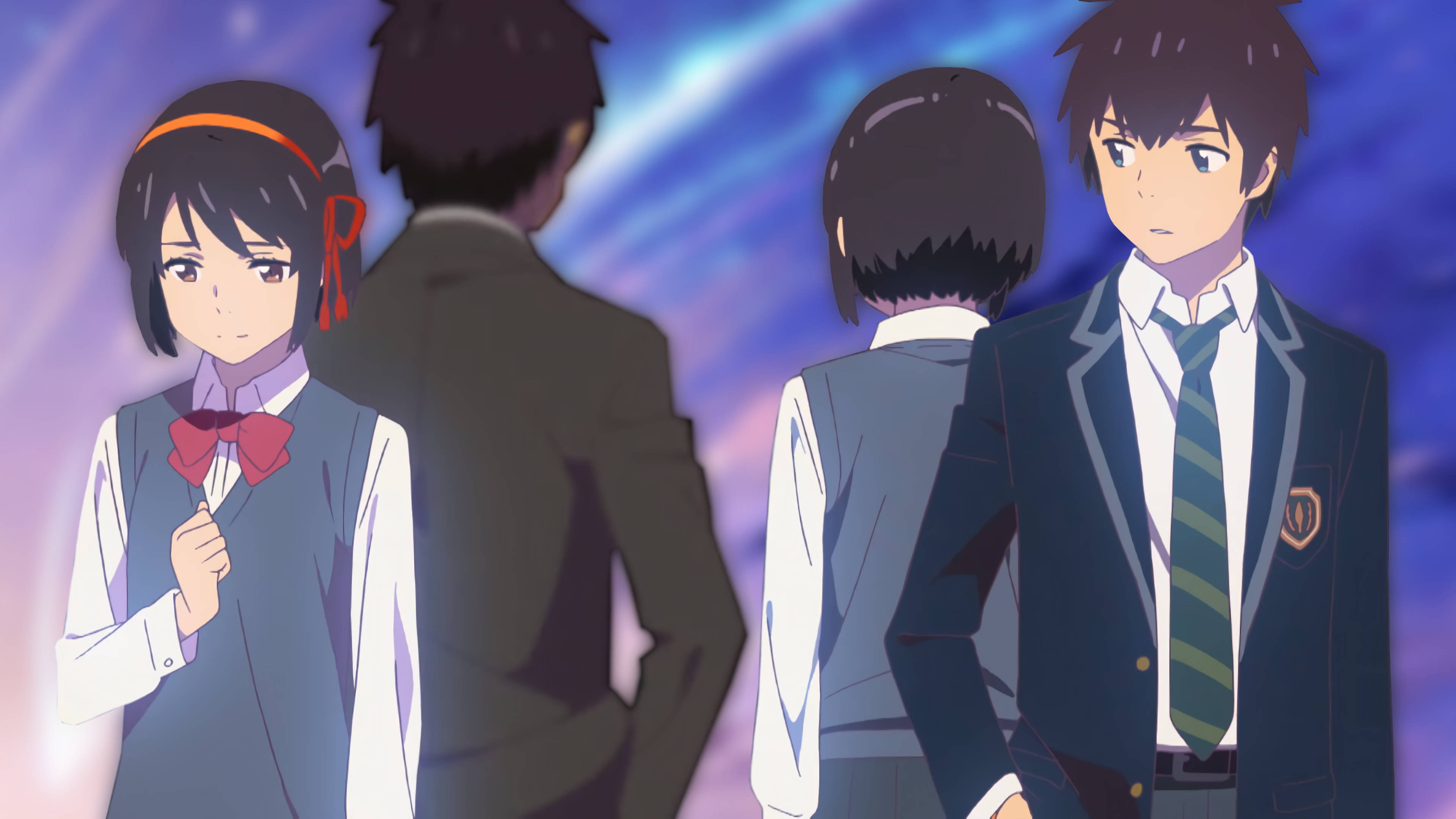 Your Name 桌布 壁紙 — 穿著制服的動漫學生站在發光的宇宙背景前，帶有鮮豔的紫色和藍色。