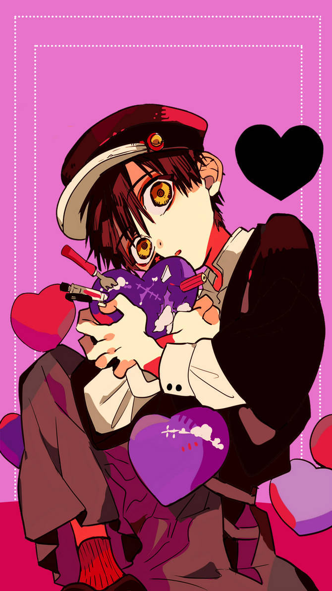 hanako 桌布 壁紙 — 穿著制服的動漫角色手持紫色心形槍，周圍漂浮著心形，背景為粉紅色。