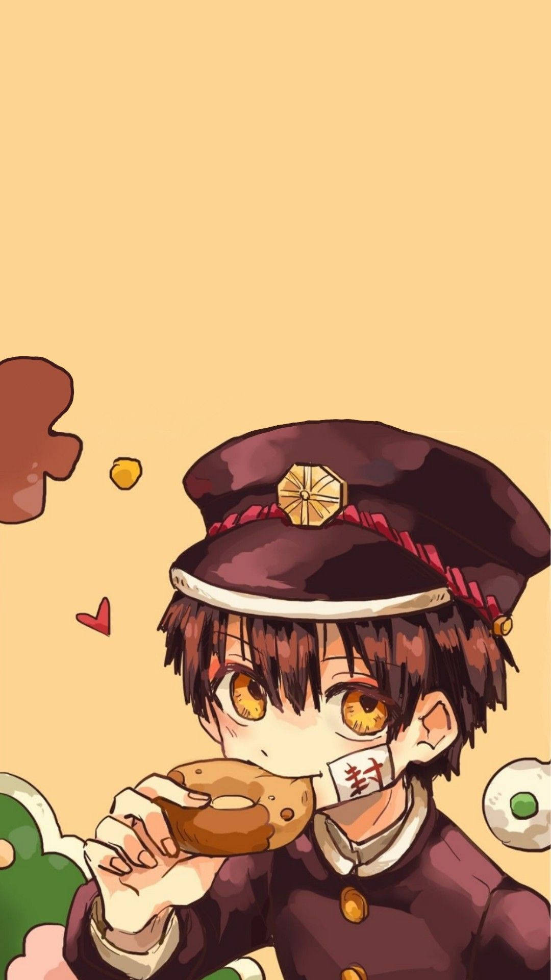hanako 桌布 壁紙 — 穿著制服的動畫男孩在溫暖的米色背景前，用封口膠帶封住嘴巴吃甜甜圈。