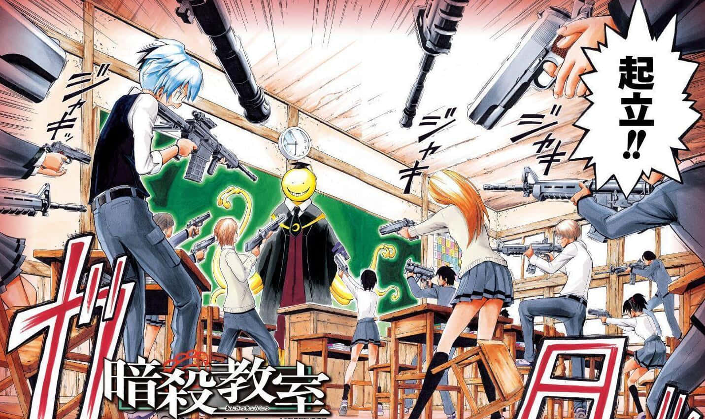 Assassination Classroom 桌布 壁紙 — 穿著制服的學生在混亂的教室場景中，將槍指向一位微笑的蒙面老師。