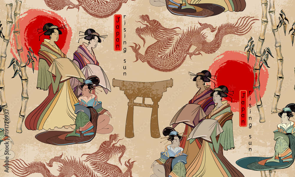 桌布 壁紙 — 穿著和服的傳統日本藝妓聚集在一個有龍和竹子的鳥居周圍，背景是帶紋理的米色。