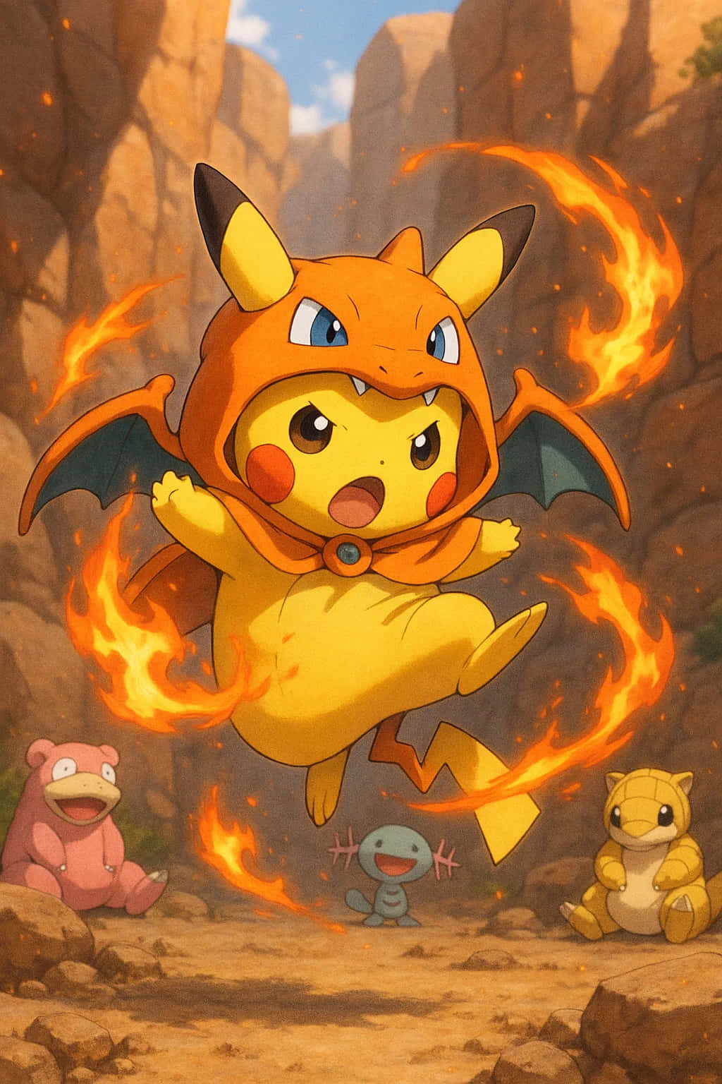 Pikachu HD Wallpaper WEBP 4K Background Download 壁紙 — 穿著噴火龍連帽衫的皮卡丘在岩石峽谷中跳過熊熊火焰，下方有三隻其他寶可夢在觀看。