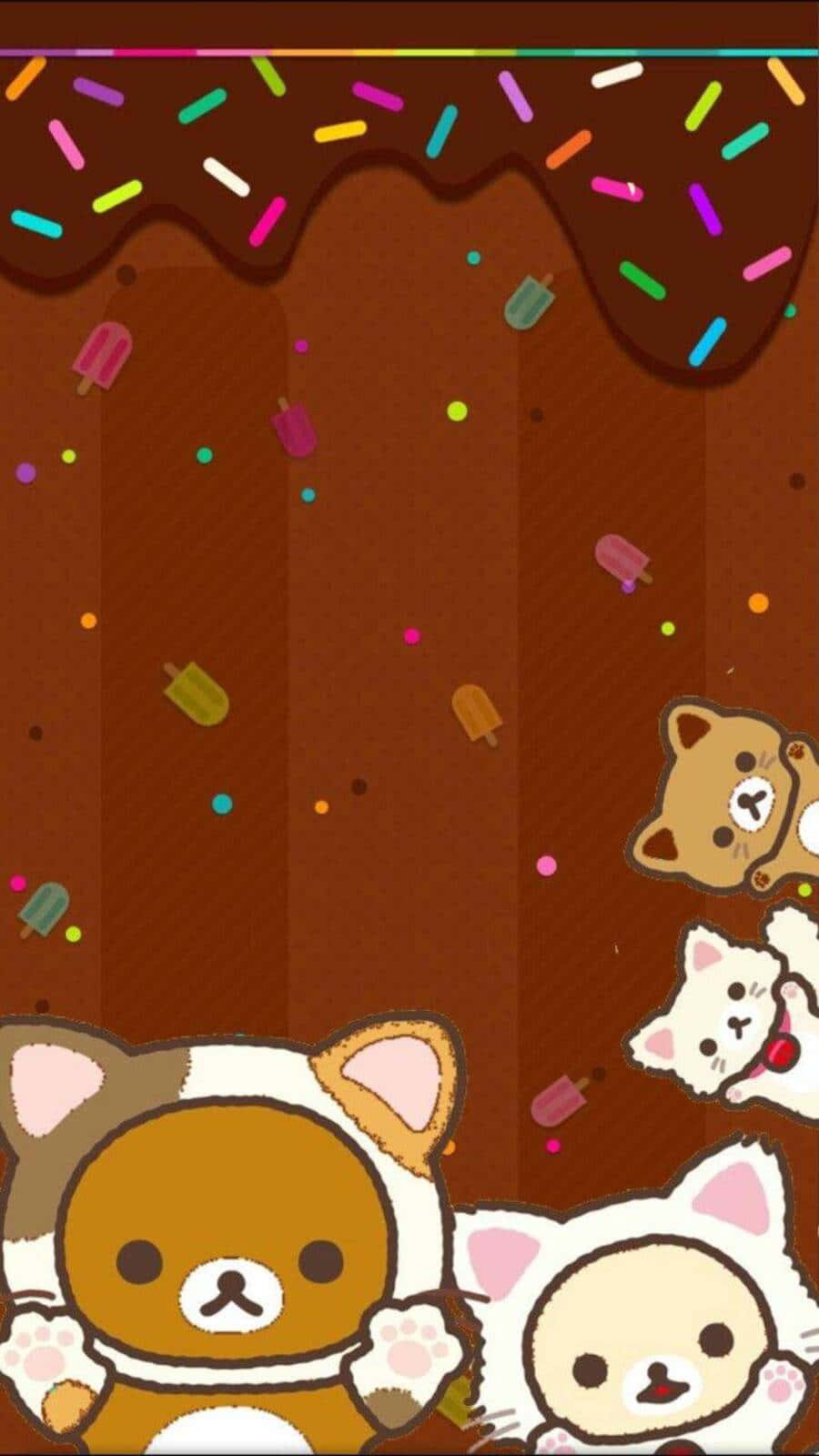 Kawaii Bear 桌布 壁紙 — 穿著太空衣的可愛Rilakkuma角色在巧克力背景上漂浮於灑落的糖粒和冰棒之間。