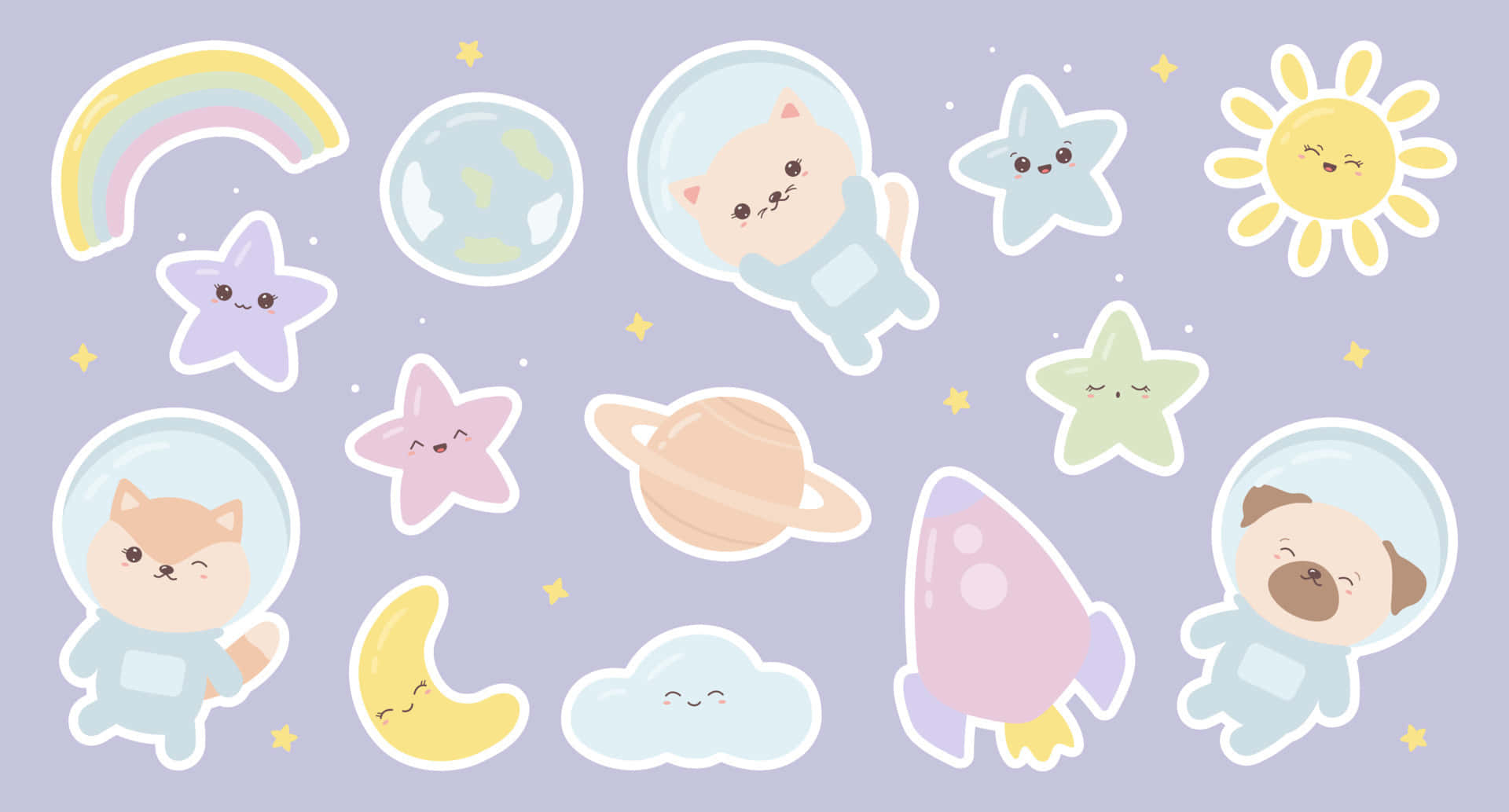 Kawaii Space 桌布 壁紙 — 穿著太空衣的可愛卡通動物在柔和的薰衣草背景上，漂浮在微笑的星星、行星和天體之間。