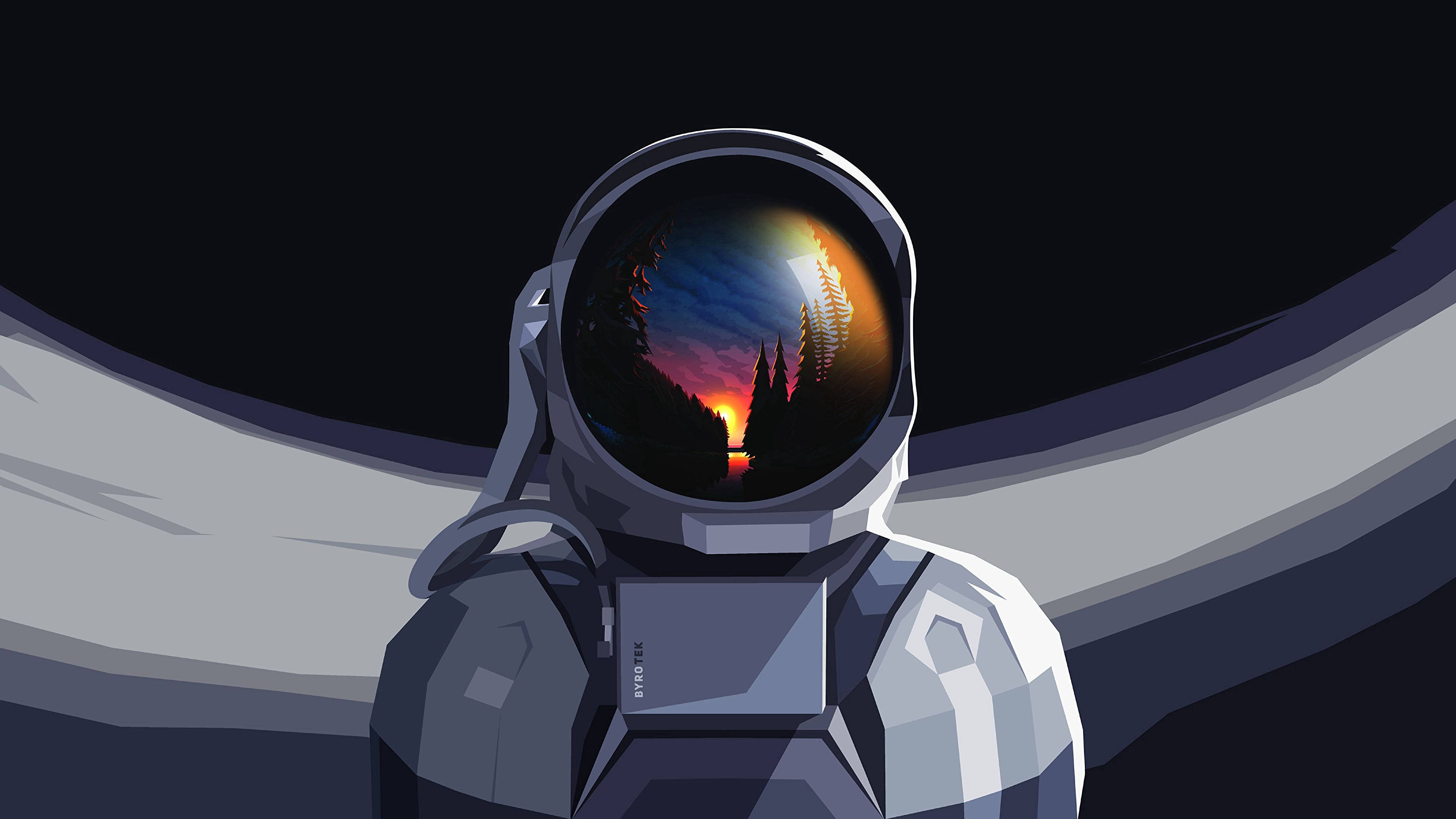 太空人 桌布 壁紙 — 穿著太空衣的太空人在頭盔面罩上反射出充滿活力的森林日落，背景是黑暗的宇宙。