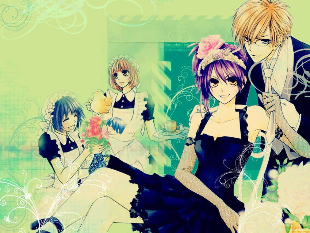 Maid Sama 桌布 壁紙 — 穿著女僕裝和正式服裝的動漫角色聚集在帶有花卉裝飾的茶桌旁，背景是綠色圖案。