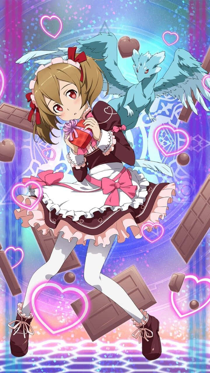 Sword Art Online Silica 桌布 壁紙 — 穿著女僕裝的動漫女孩手持巧克力禮物，被漂浮的心形和帶翅膀的生物包圍，背景是發光的紫色。