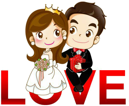 Love Couple 桌布 壁紙 — 穿著婚紗的Q版卡通情侶微笑，手持紅色禮物和玫瑰，在粗體紅色LOVE字母下。