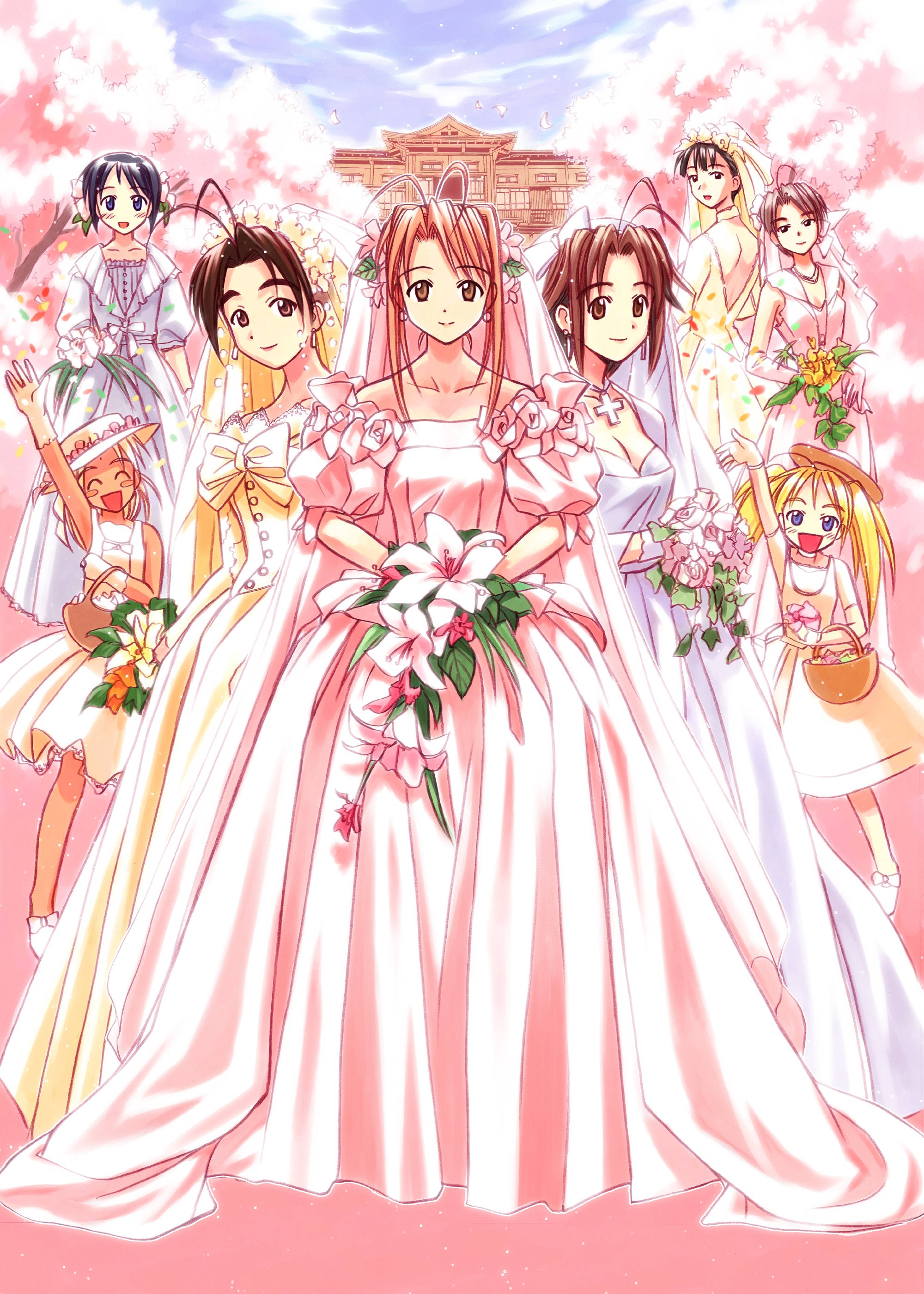 Hina 桌布 壁紙 — 穿著婚紗的動漫女孩站在櫻花下，背景是傳統建築。