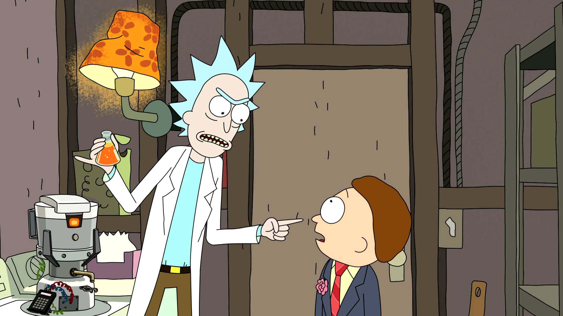 Love Potion 桌布 壁紙 — 穿著實驗袍的Rick Sanchez憤怒地指著穿著西裝的Morty Smith，同時拿著發光的藥水。