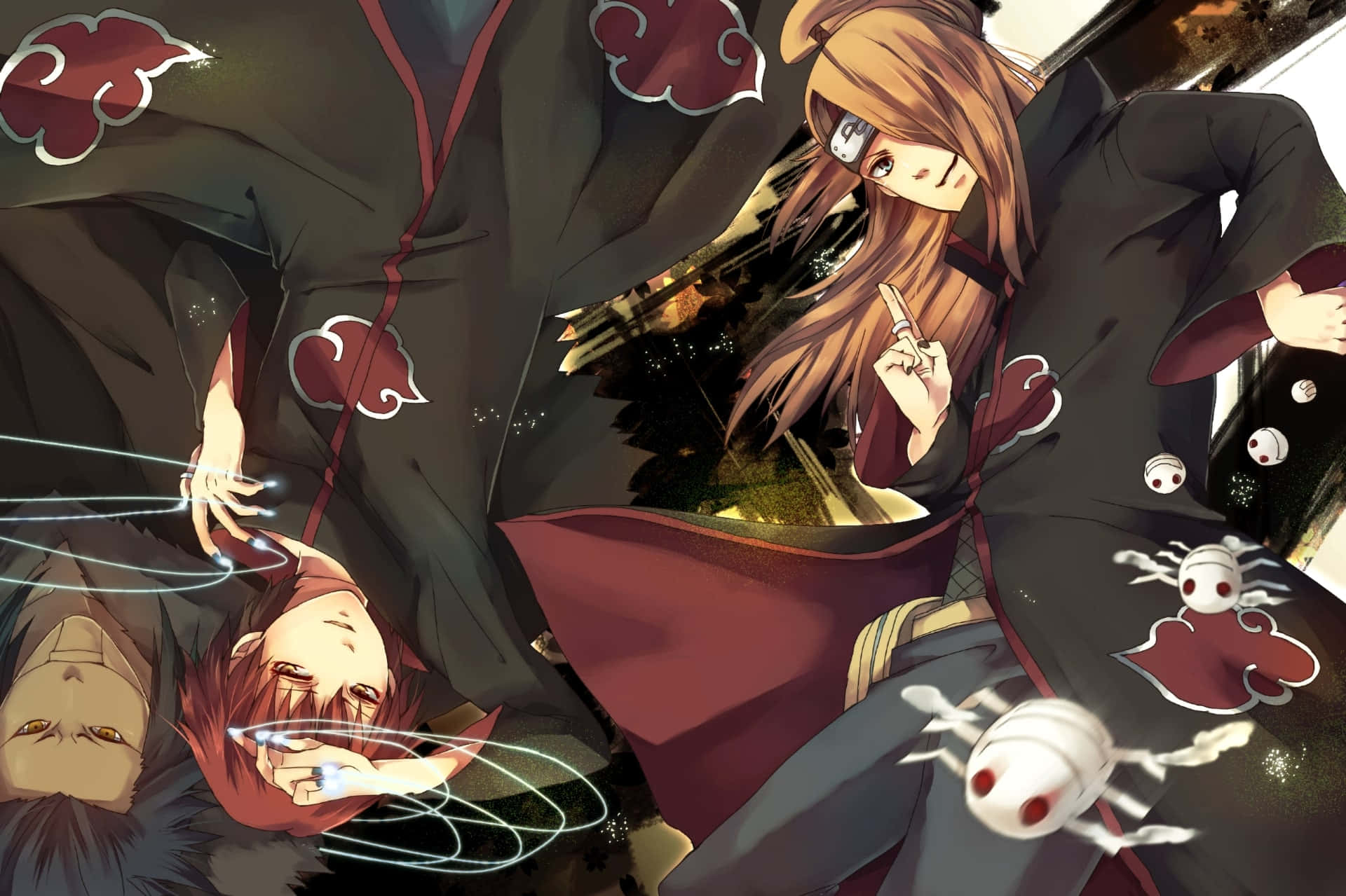 Akatsuki X Deidara 桌布 壁紙 — 穿著帶有紅色雲紋的曉組織斗篷的動漫角色，在戲劇性的夜晚場景中揮舞著發光的查克拉線。