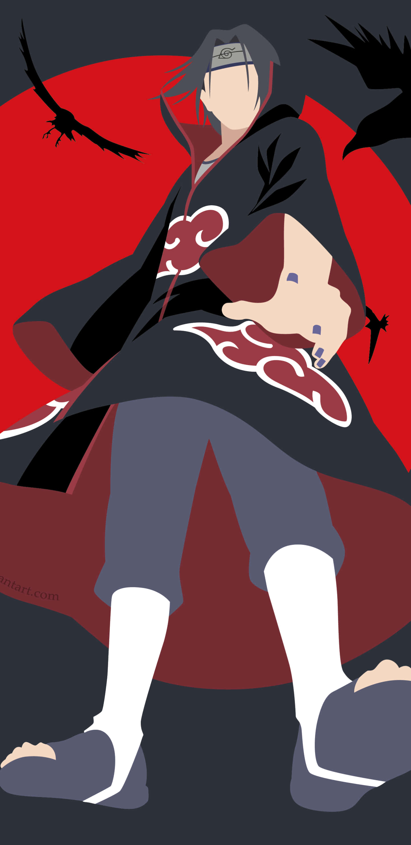 Uchiha iPhone 桌布 壁紙 — 穿著帶有紅色雲紋的黑色斗篷的動漫角色，站在紅色太陽背景前，有黑色鳥兒飛翔。