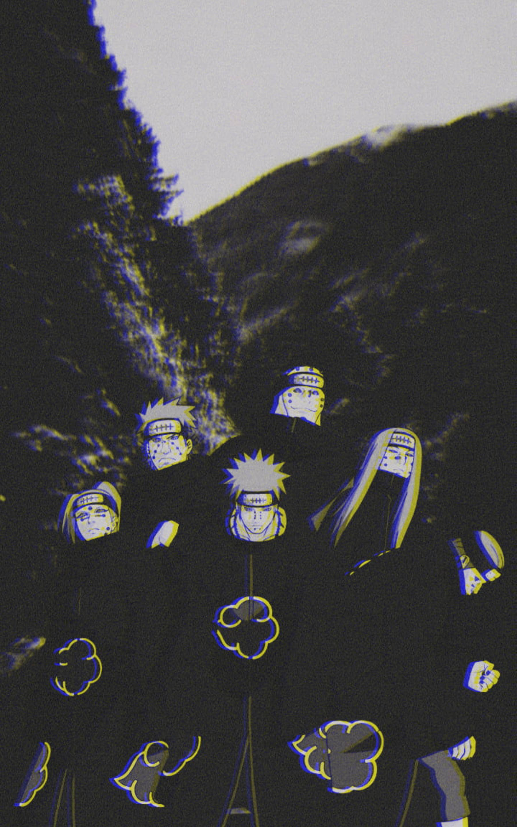 akatsuki phone 桌布 壁紙 — 穿著帶有雲紋徽章的黑色斗篷的動漫角色，站在蒼白天空下的黑暗山谷中。