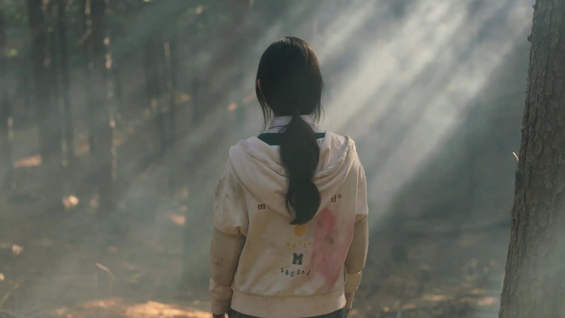 穿著帽T的女孩站在樹林中 壁紙