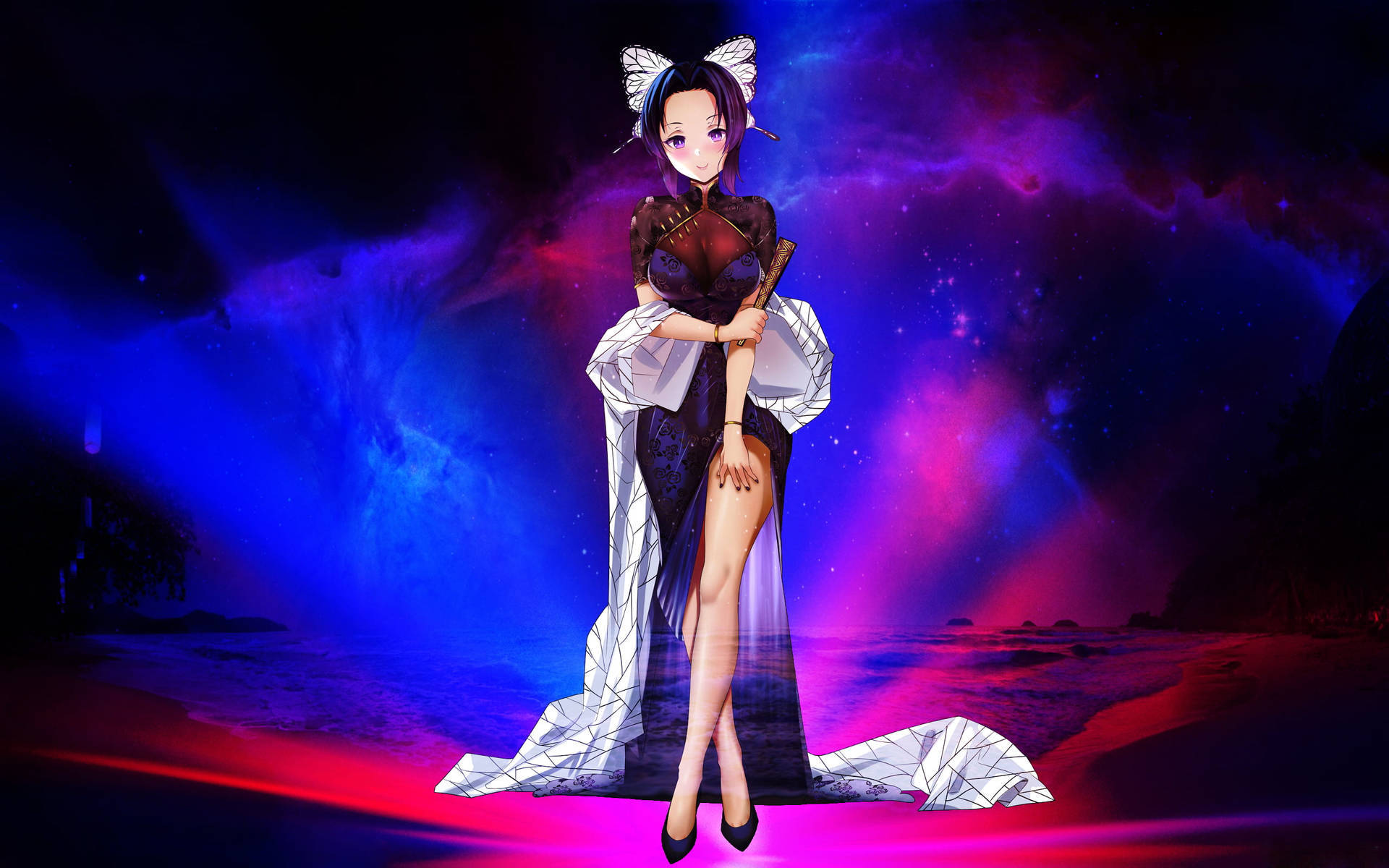 Pfp 桌布 壁紙 — 穿著幾何圖案和服的動畫女孩，在電紫和藍色的宇宙星雲前擺出姿勢。