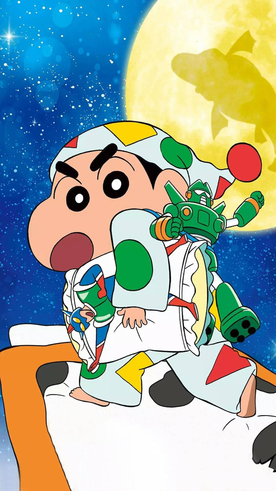 shinchan 桌布 壁紙 — 穿著彩色太空服的蠟筆小新站在床上，背後是星空和巨大的月亮。
