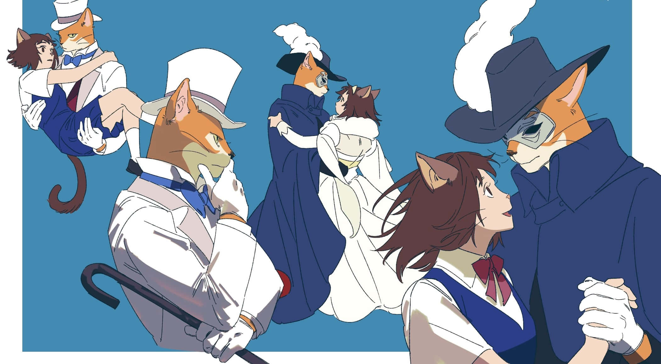 the cat returns 桌布 壁紙 — 穿著復古服裝的優雅擬人貓咪在純藍色背景上戲劇性地擺姿勢。