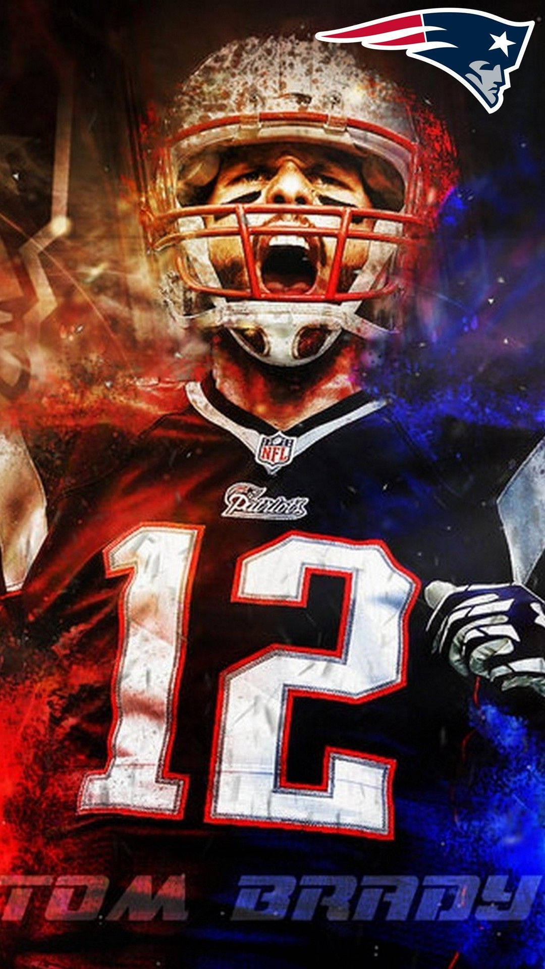 NFL 桌布 壁紙 — 穿著新英格蘭愛國者隊裝備的湯姆·布雷迪在火紅和電藍色的宇宙背景下兇猛地咆哮。