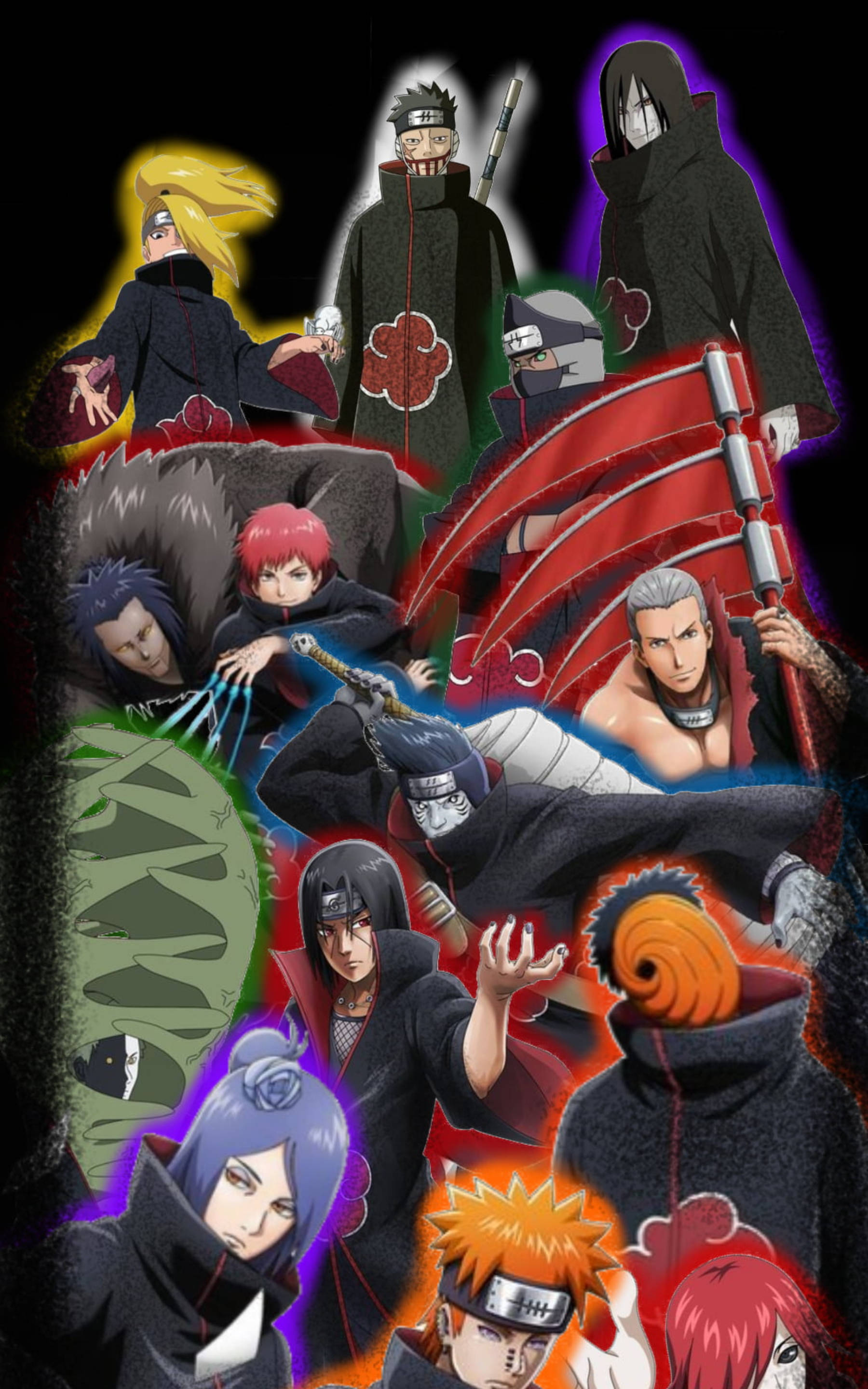 akatsuki phone 桌布 壁紙 — 穿著曉組織斗篷的動態動漫角色在黑暗背景中碰撞出充滿活力的能量效果。