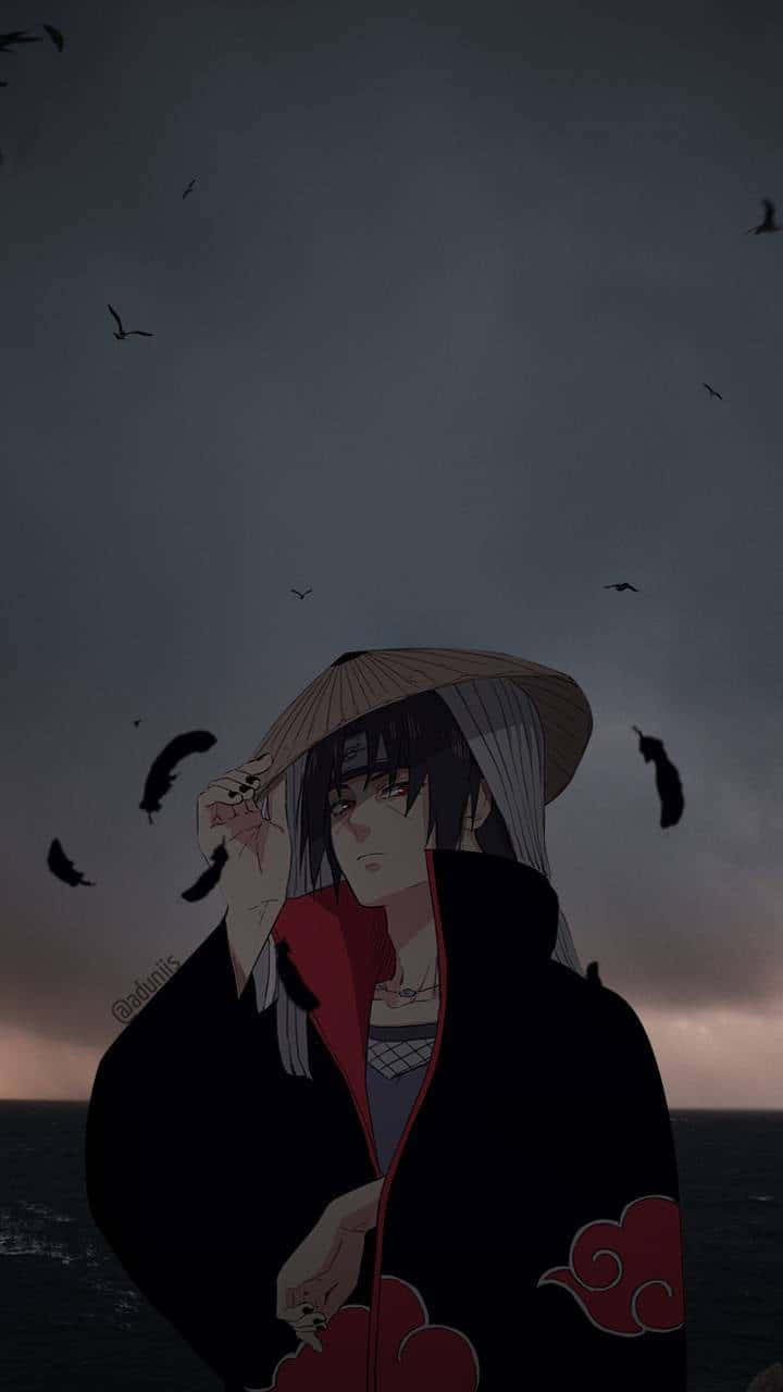 Akatsuki Hat 桌布 壁紙 — 穿著曉組織斗篷的動漫角色在黃昏時分莊嚴地站在海邊，暴風雨的天空下黑色鳥群飛過頭頂。
