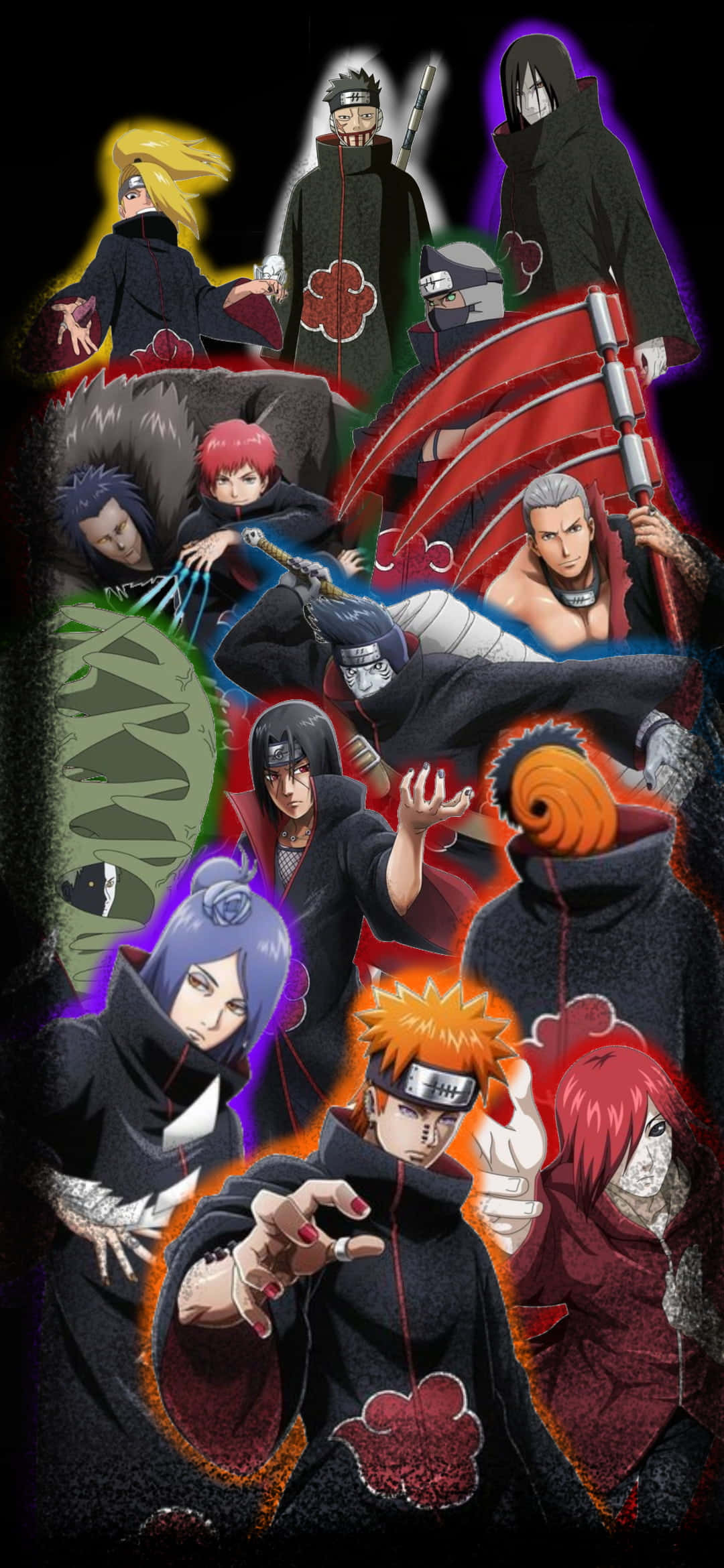 Akatsuki Poster 桌布 壁紙 — 穿著曉組織斗篷的動漫角色在黑暗背景下以發光效果戲劇性地擺出姿勢。