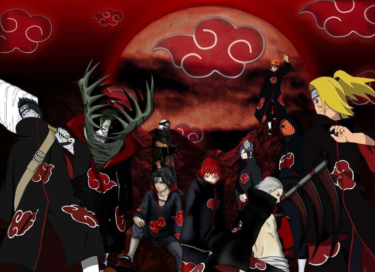 Akatsuki Members 桌布 壁紙 — 穿著曉組織斗篷的動漫角色站在巨大的紅月前，周圍有旋轉的雲層。