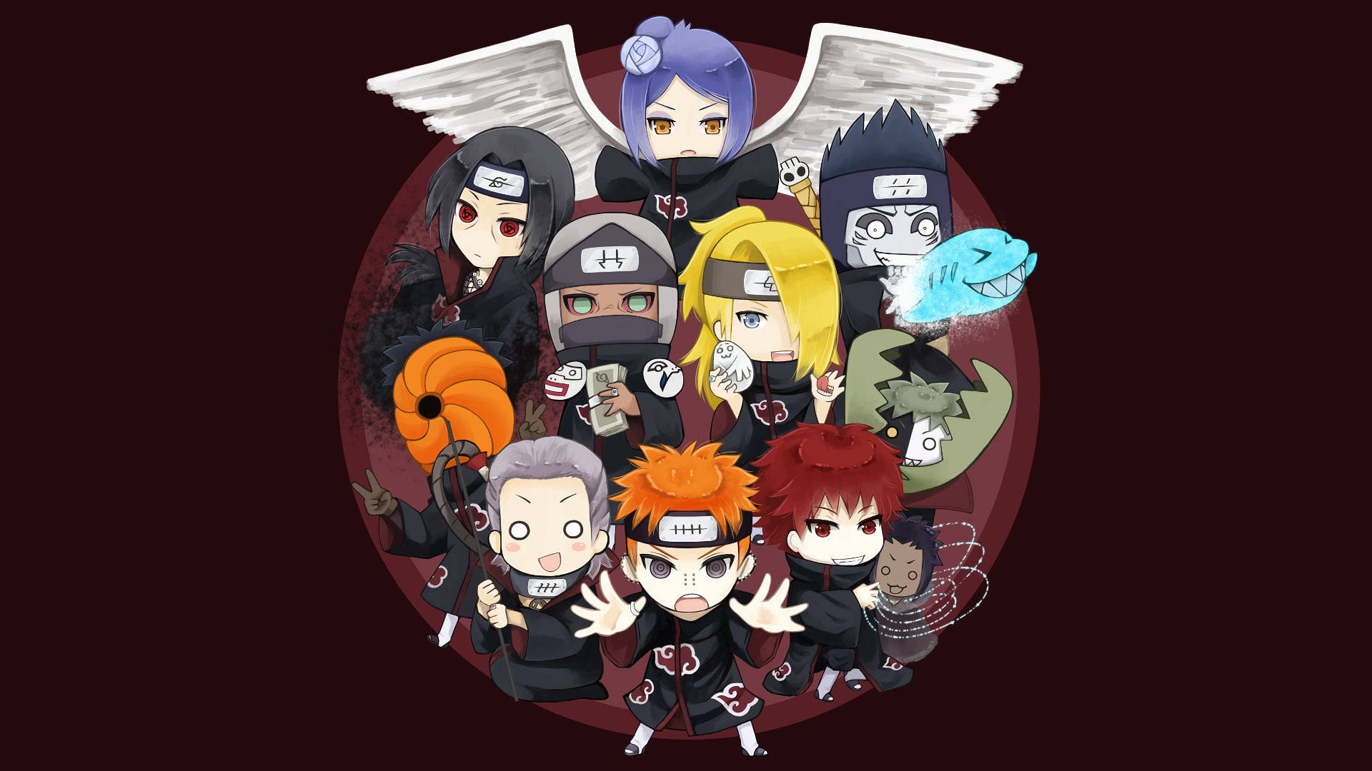 pain naruto 桌布 壁紙 — 穿著曉袍的Q版動漫角色在深紅色背景上以圓形排列聚集。