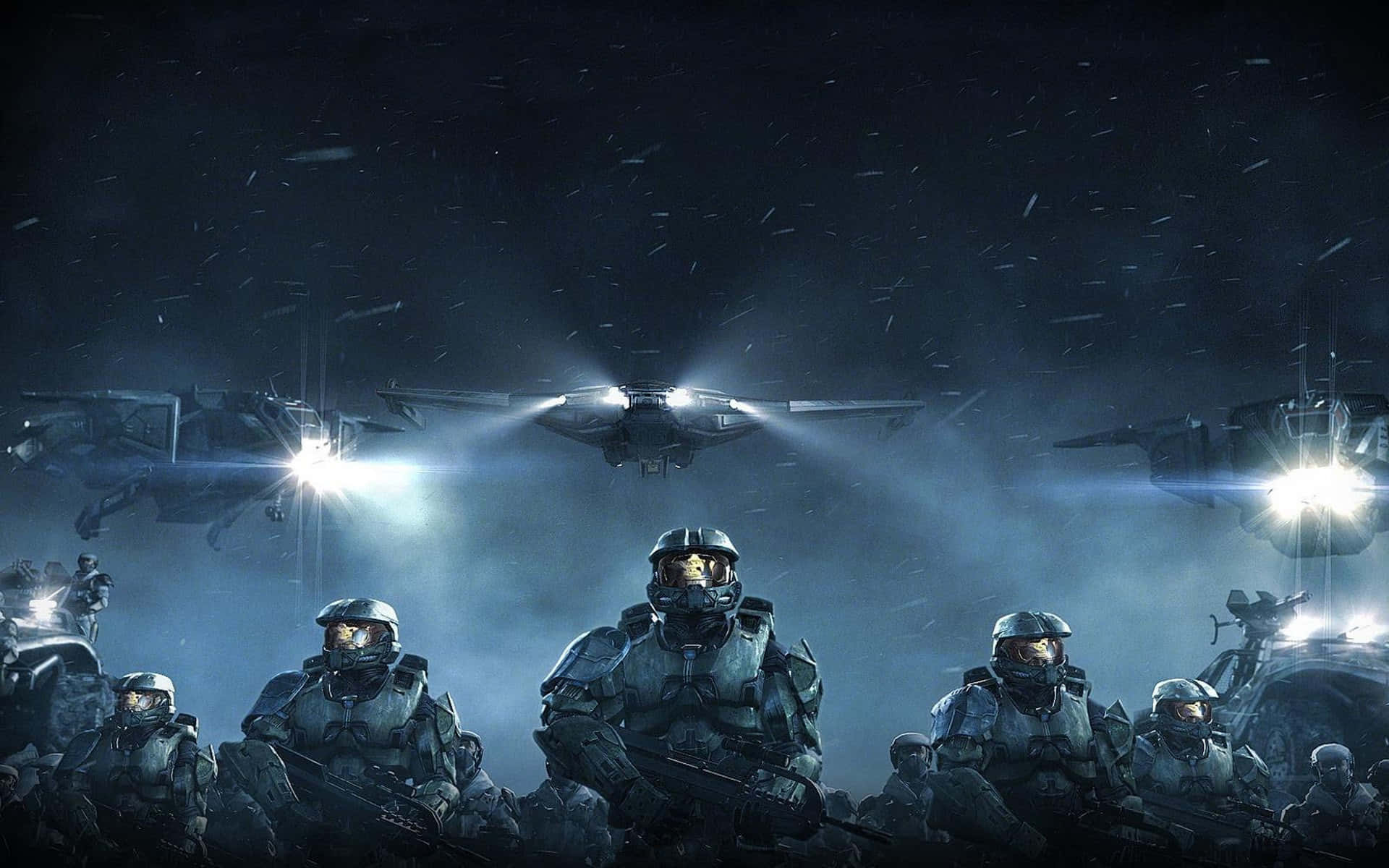 video games 桌布 壁紙 — 穿著未來盔甲的士兵站在暴風雨夜空中懸浮戰爭機器的發光燈光下。