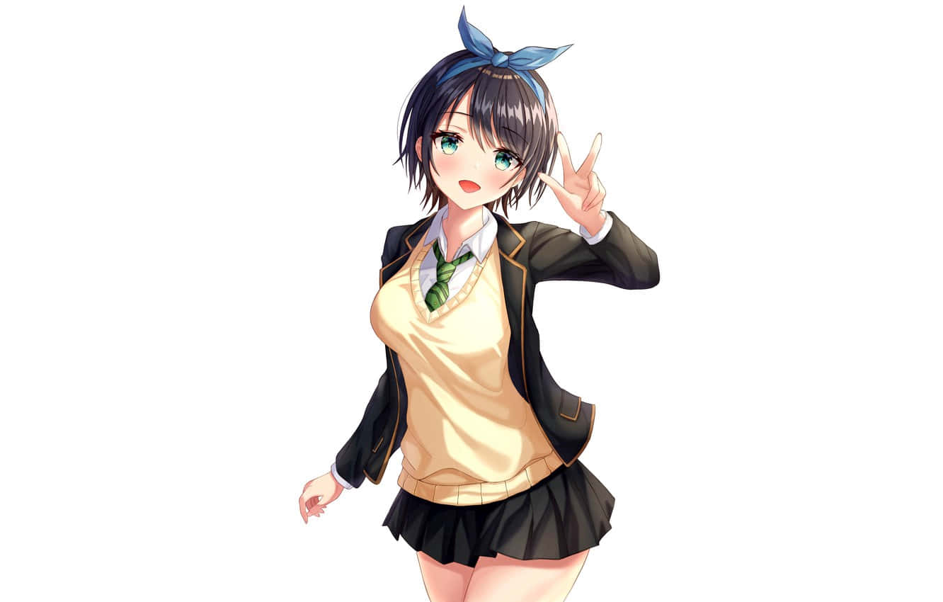 Animated 桌布 壁紙 — 穿著校服、戴藍色蝴蝶結的動漫女孩在白色背景上微笑並比出和平手勢。