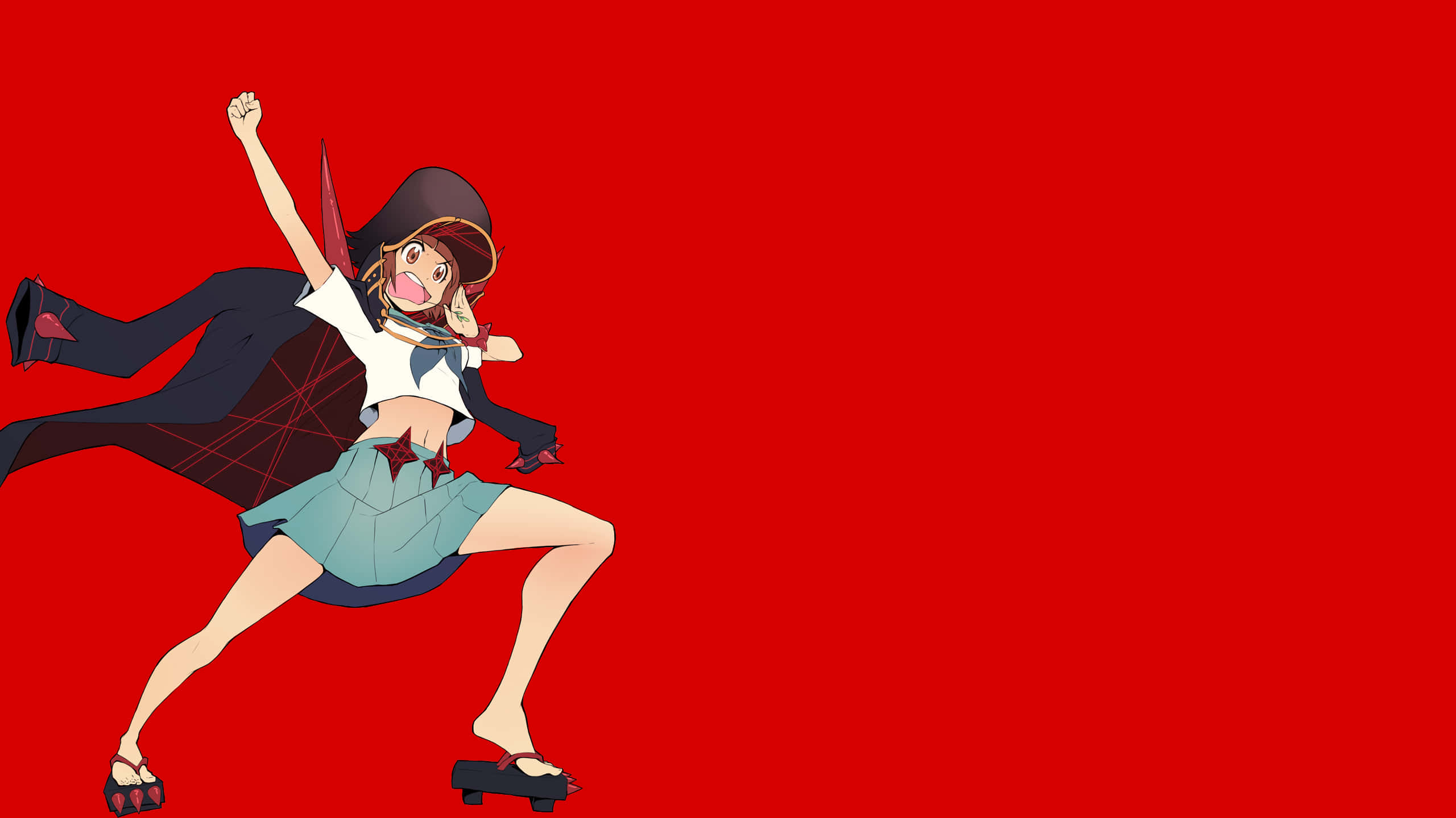 Kill La Kill 桌布 壁紙 — 穿著校服和斗篷的動漫女孩在純紅色背景上動態跳躍，表情歡樂。