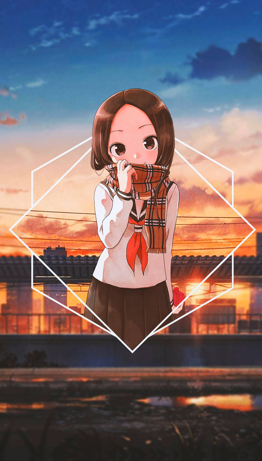 動漫女孩 桌布 壁紙 — 穿著校服和格子圍巾的動漫女孩，站在幾何輪廓框架內，背景是溫暖的日落城市景觀。