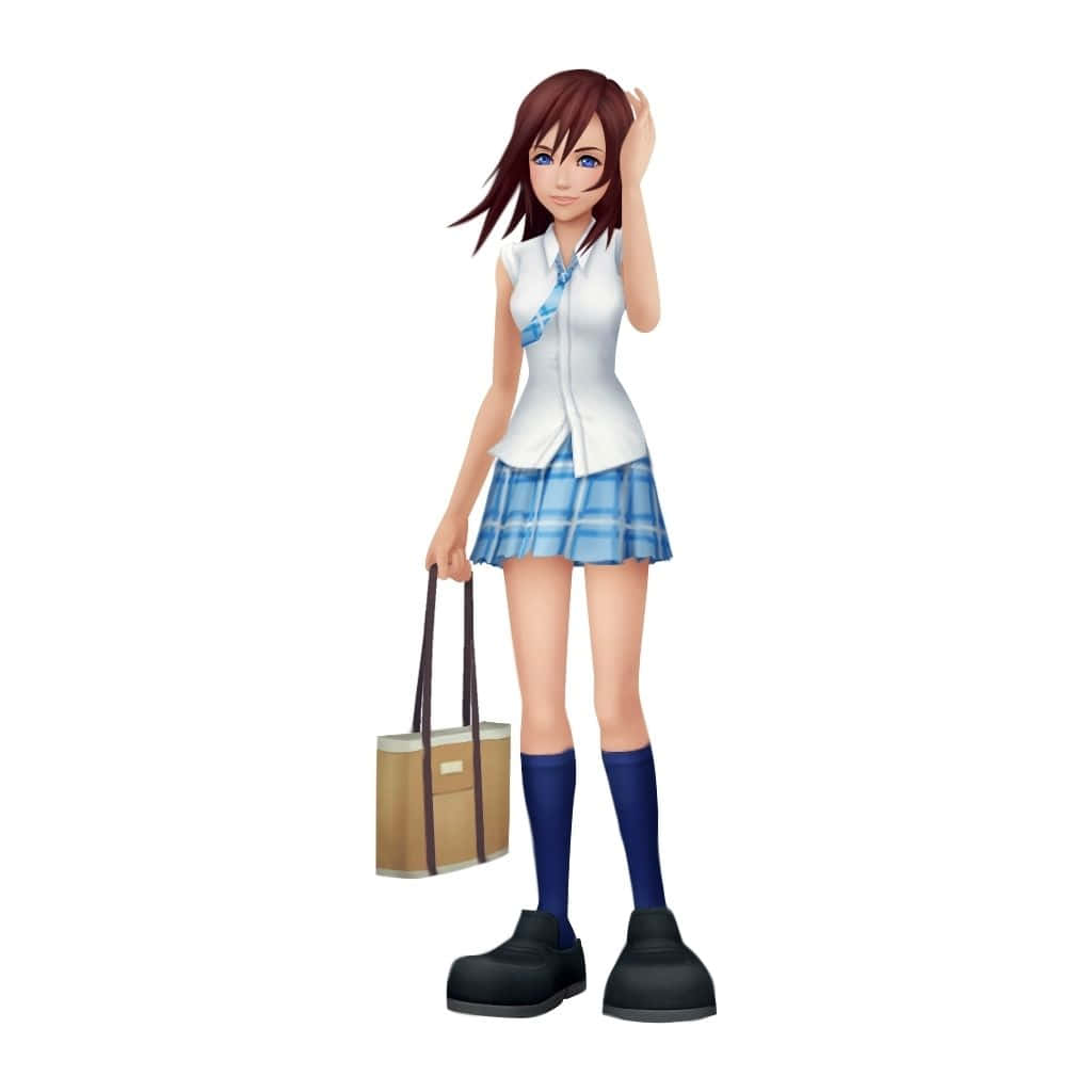 Kingdom Hearts Kairi 桌布 壁紙 — 穿著校服的動漫女孩，一手舉到頭部，拿著托特包。