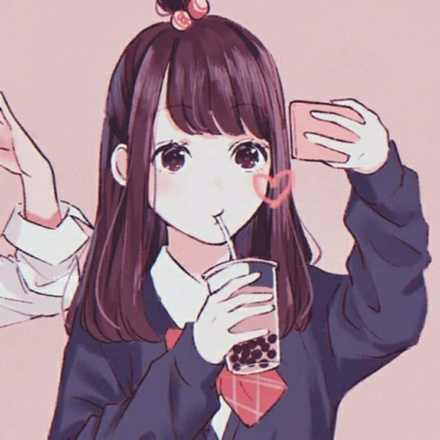 Aesthetic Anime Profile 桌布 壁紙 — 穿著校服的動漫女孩一邊喝珍珠奶茶，一邊自拍，臉頰帶有心形紅暈。