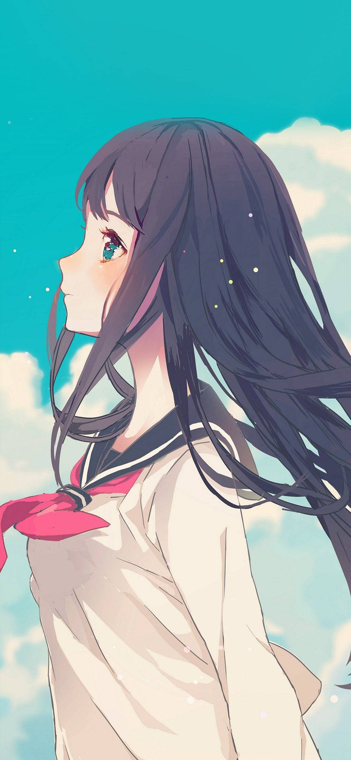 動漫女孩 桌布 壁紙 — 穿著校服的動漫女孩仰望明亮的藍綠色天空，天空中有蓬鬆的雲朵和閃閃發光的粒子。