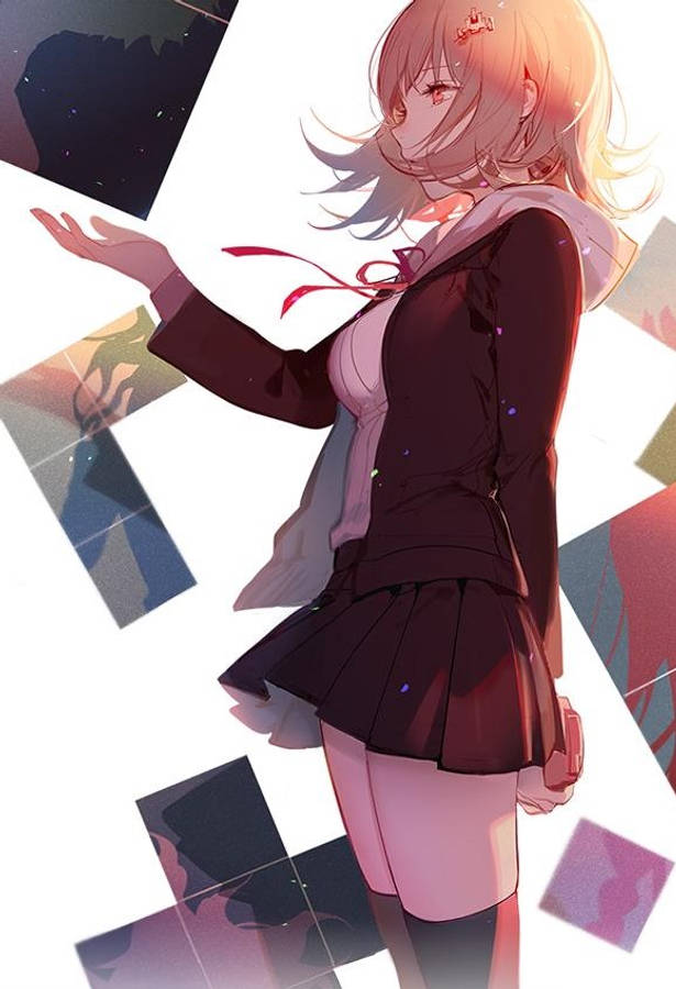 Chiaki 桌布 壁紙 — 穿著校服的動漫女孩向漂浮的抽象照片碎片伸出手，碎片散發著溫暖的光芒。