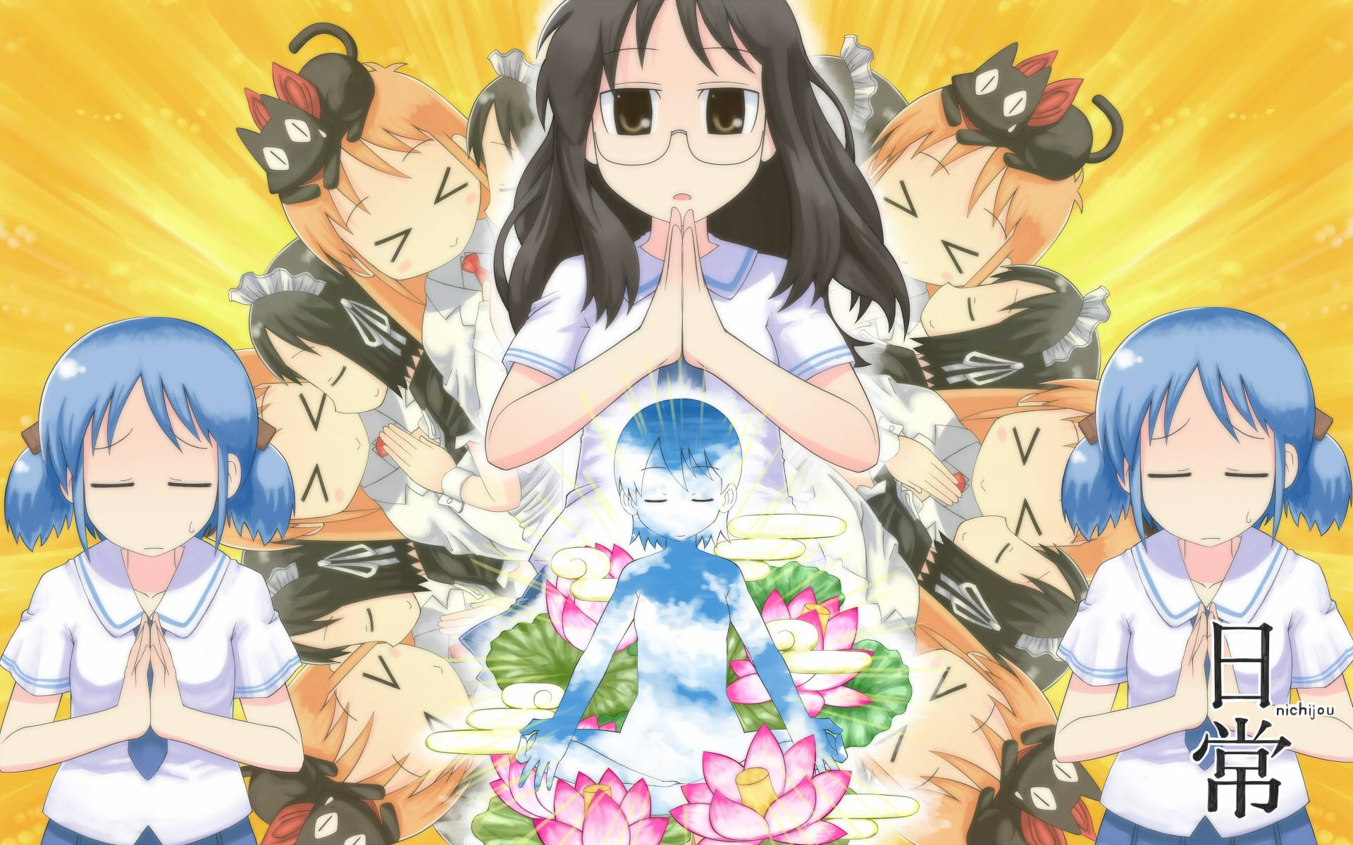 動漫女孩 桌布 壁紙 — 穿著校服的動漫女孩圍繞著一個坐在粉紅色蓮花上、發光的藍色人物祈禱，背景是燦爛的黃色。