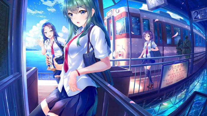 在閃爍藍色海洋旁邊的未來火車站揮手的動漫女學生。