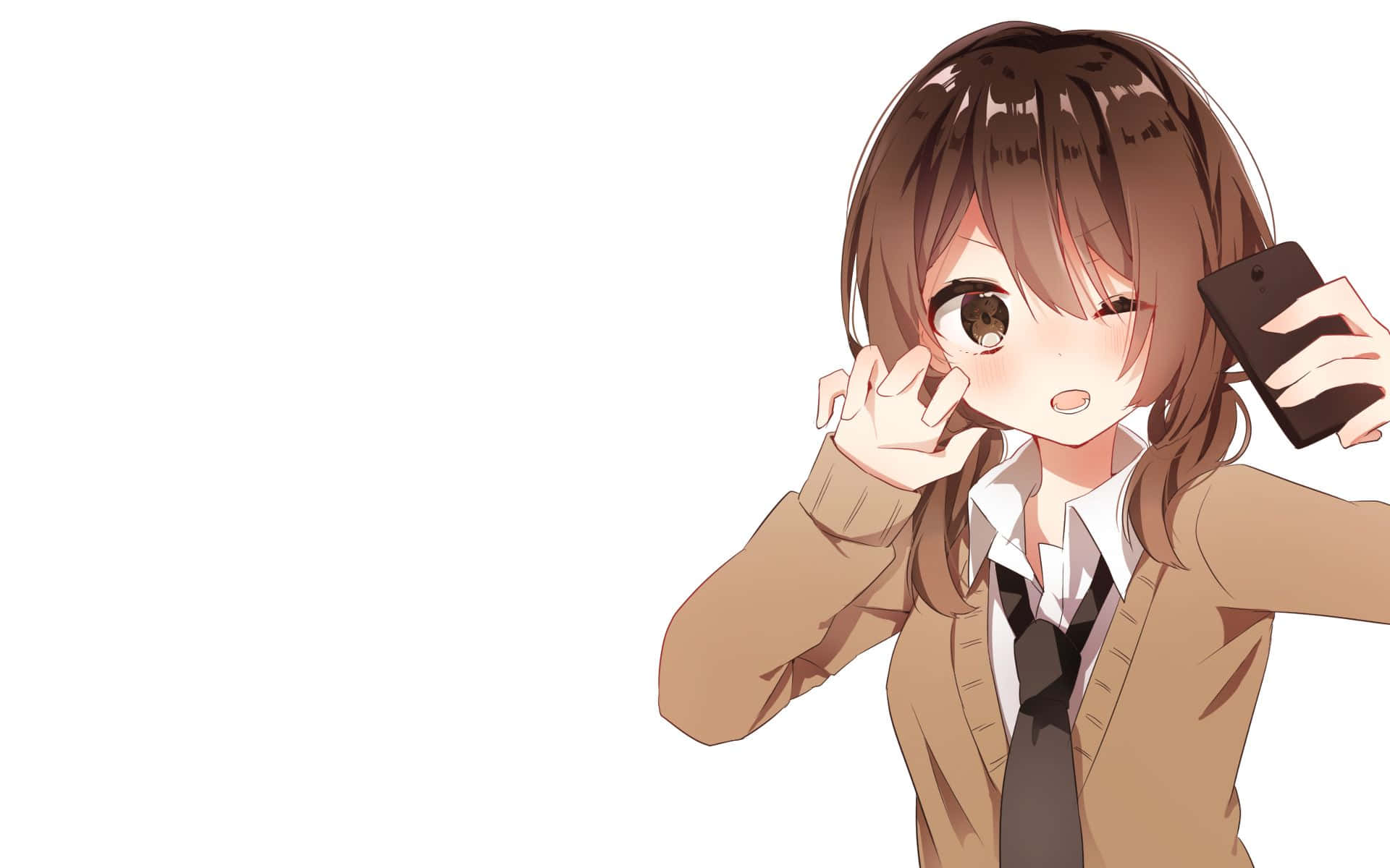 動漫女孩 桌布 壁紙 — 穿著校服的動漫女孩在純白色背景前用手機自拍，同時愉快地揮手。