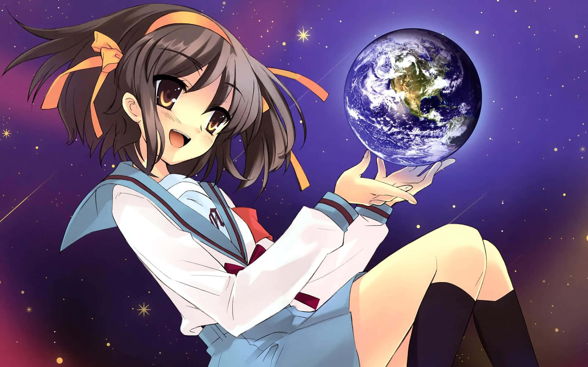 Haruhi Suzumiya 桌布 壁紙 — 穿著校服的動漫女孩在繁星宇宙背景下輕輕地將地球捧在手中。