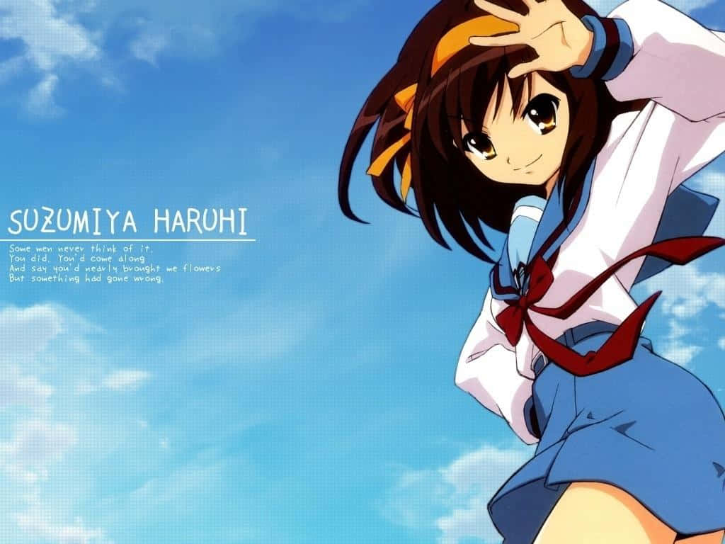 Haruhi Suzumiya 桌布 壁紙 — 穿著校服的動漫女孩在藍天白雲下頑皮地微笑。