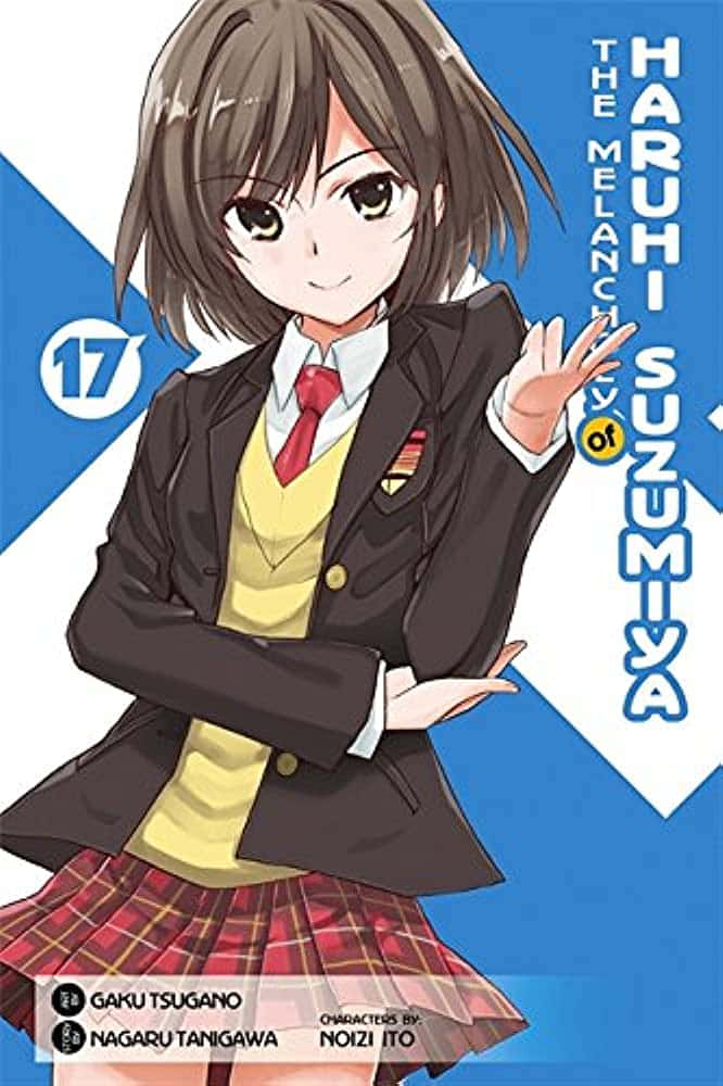 Haruhi Sasaki 桌布 壁紙 — 穿著校服的動漫女孩在鮮明的藍白幾何背景前開心地揮手。