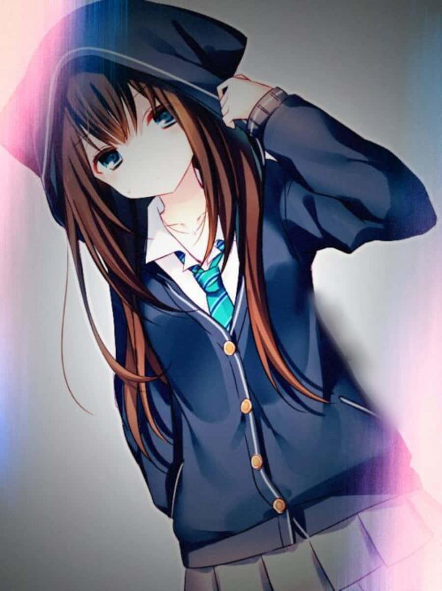 動漫女孩連帽上衣 桌布 壁紙 — 穿著校服的動漫女孩將連帽衫的帽子拉過頭頂，周圍有柔和的粉紅色和藍色光芒。