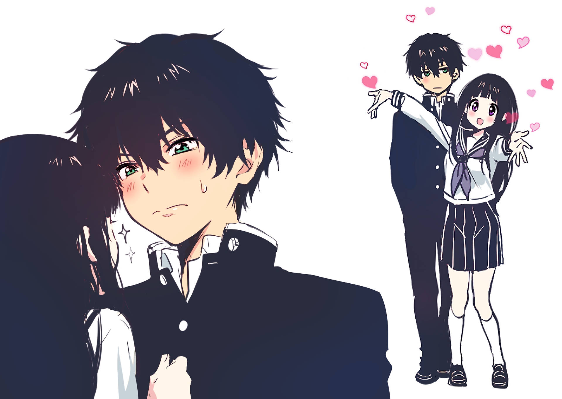 Oreki Houtarou 桌布 壁紙 — 穿著校服的動漫情侶，周圍漂浮著愛心，表現出愛意和害羞的表情。