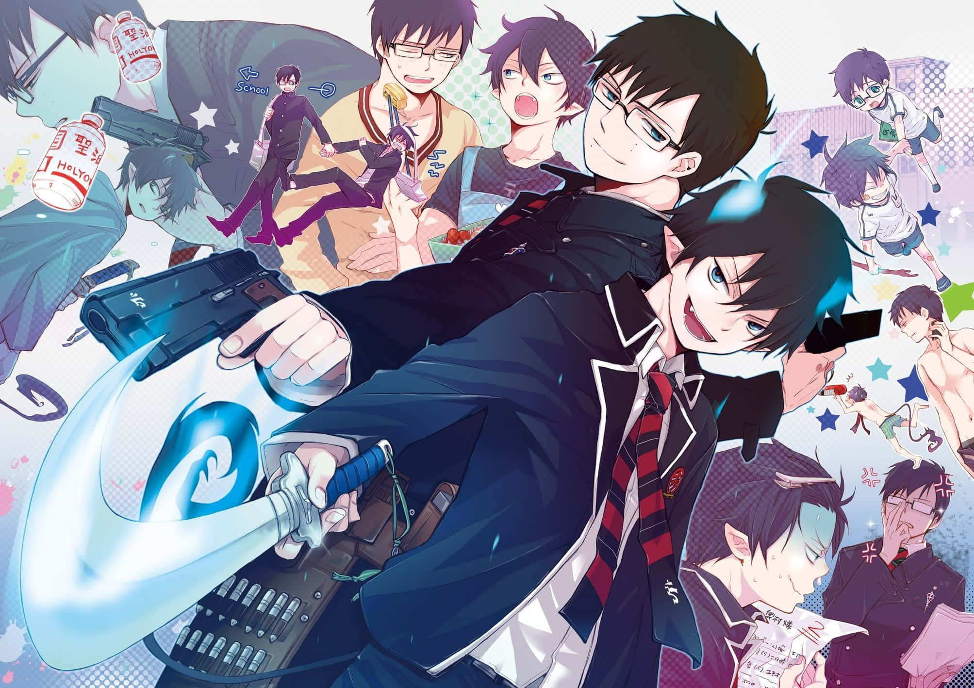 Blue Exorcist 桌布 壁紙 — 穿著校服的動漫角色在混亂的動作場景和星爆拼貼中揮舞著發光武器。